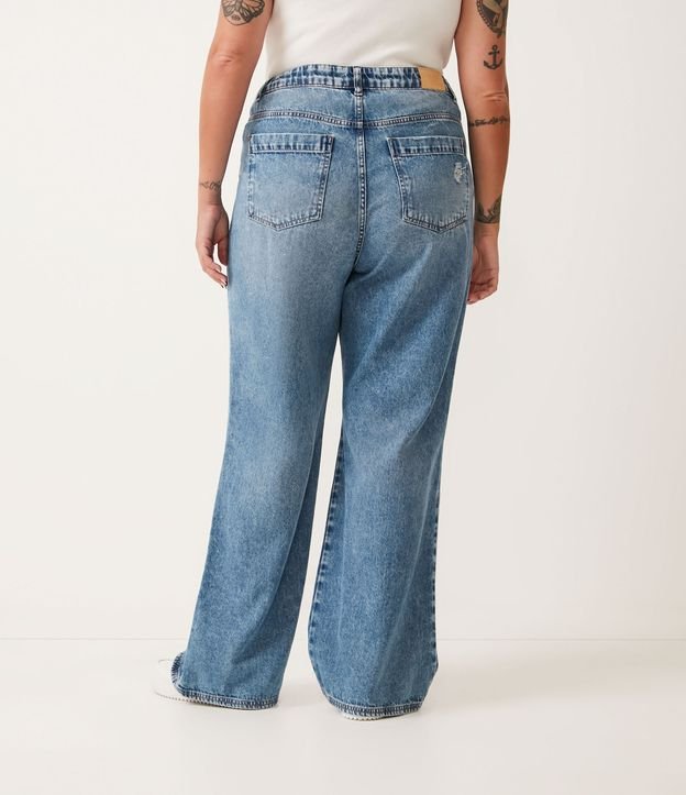 Pantalón Wide Leg Jeans con Botón de Corazón y Desgastes Curve & Plus Size Azul 3