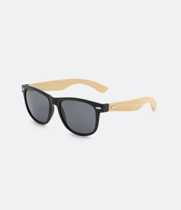 Óculos de Sol Quadrado com Haste de Bambu - Cor: Preto Fosco - Tamanho: U
