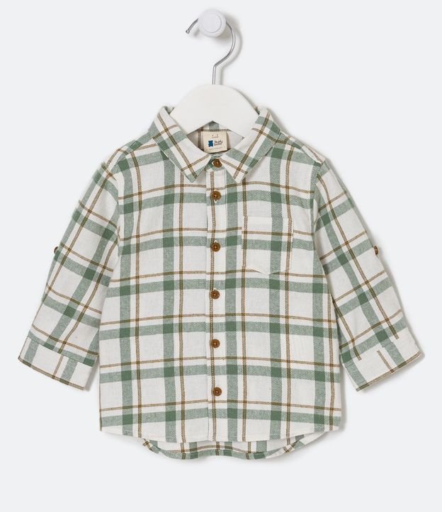 Camisa Infantil Flanela Xadrez com Bolsinho - Tam 3 a 18 meses - Cor: Branco/Verde - Tamanho: 9-12M