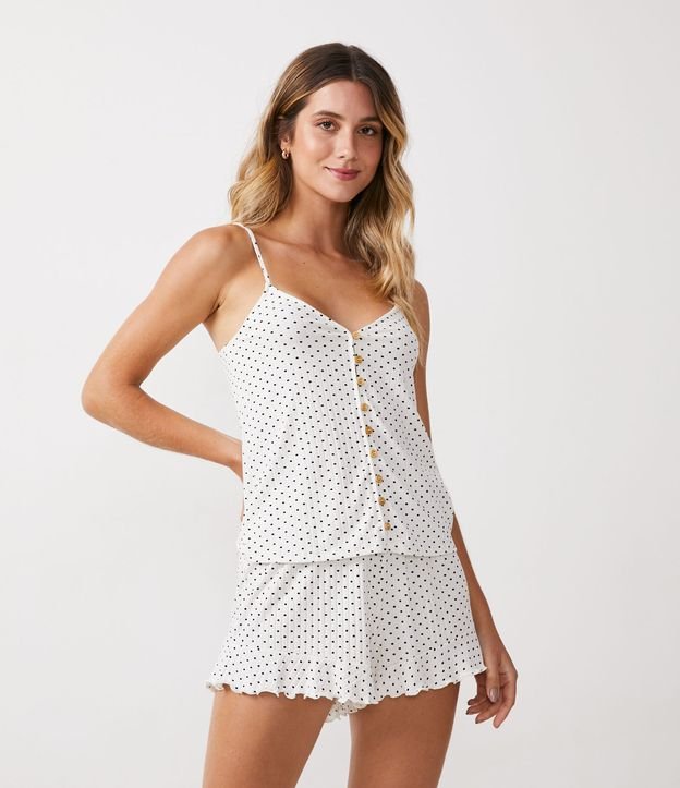 Pijama Short Doll Alcinha em Ribana com Estampa Poá