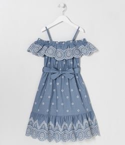 Vestido Infantil com Bordados e Amarração na Cintura - Tam 5 a 14 anos