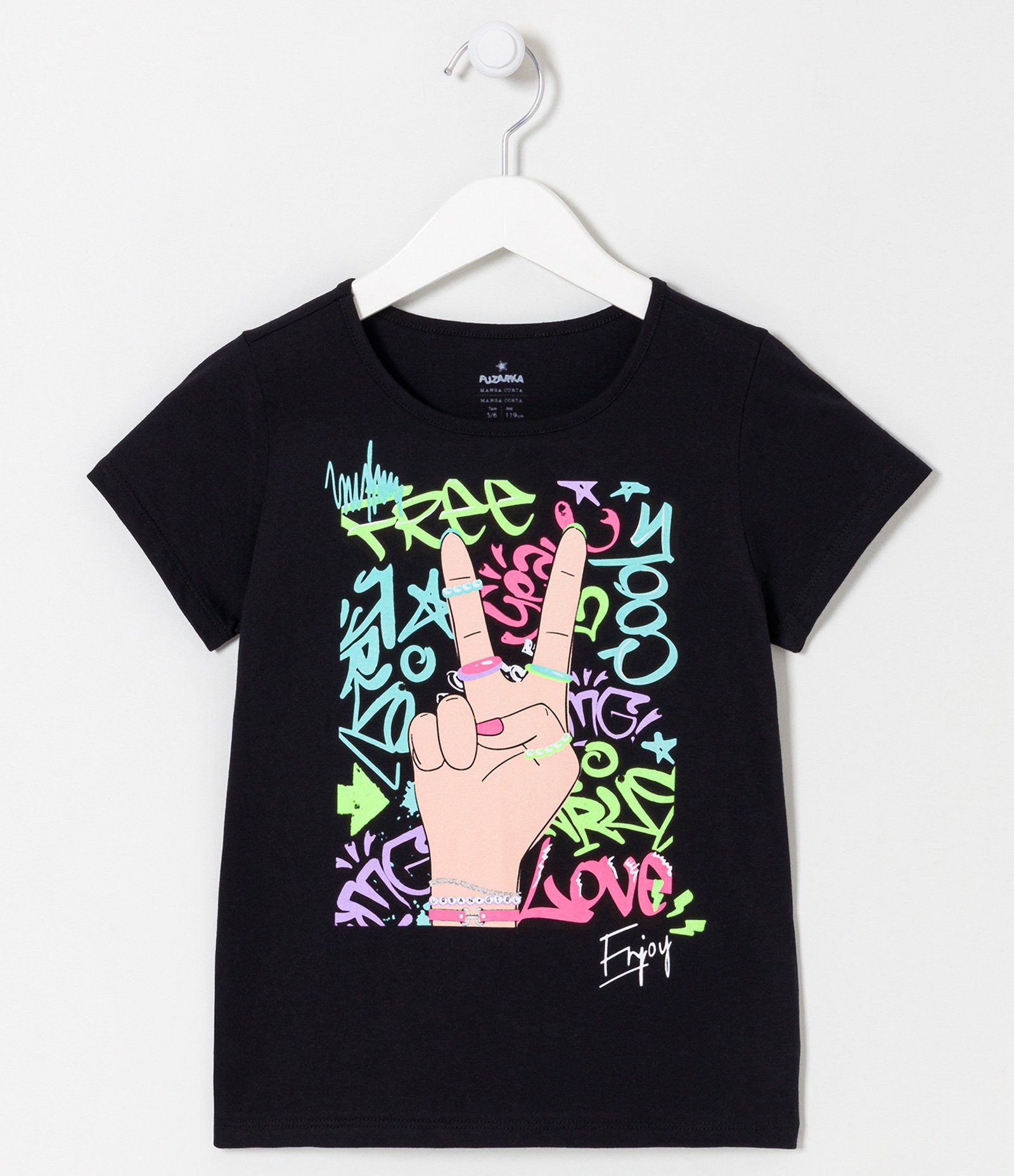 Blusa T-shirt Infantil Estampa Dedos Paz & Amor - Tam 5 a 14 anos Preto 1