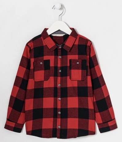 Camisa Alongada com Manga Longa Bolsos e Estampa Xadrez Vermelho