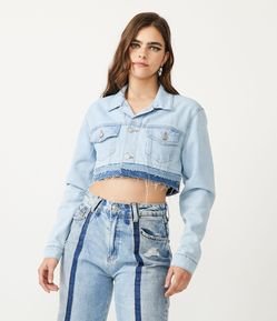 Jaqueta Cropped Jeans com Barra Dupla a Fio