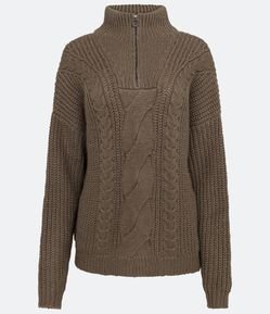 Suéter em Tricô com Gola Alta e Zíper