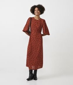 Vestido Midi em Viscose com Elástico na Cintura e Estampa Poá