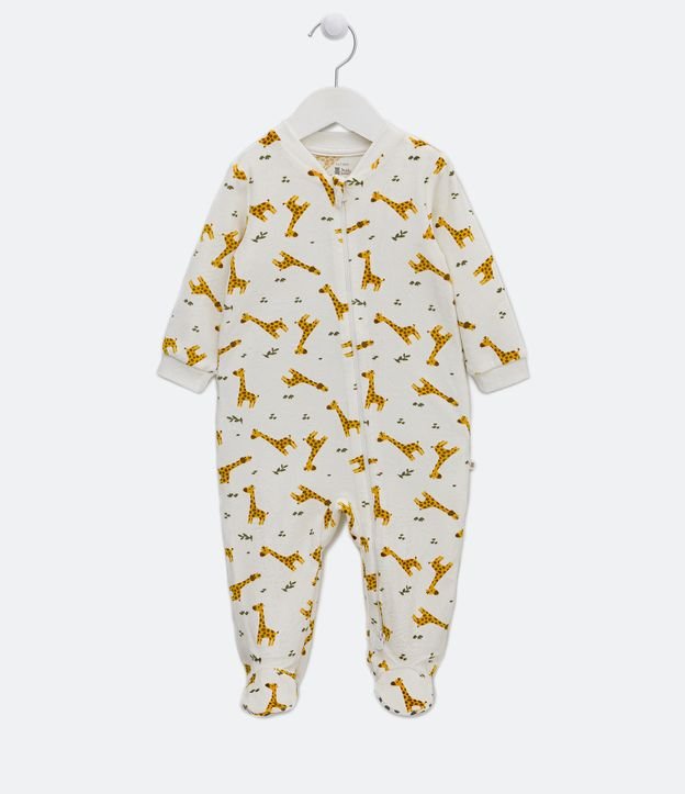 Macacão Longo Infantil Estampa Girafinhas com Folhinhas com Pé - Tam RN a 24 meses