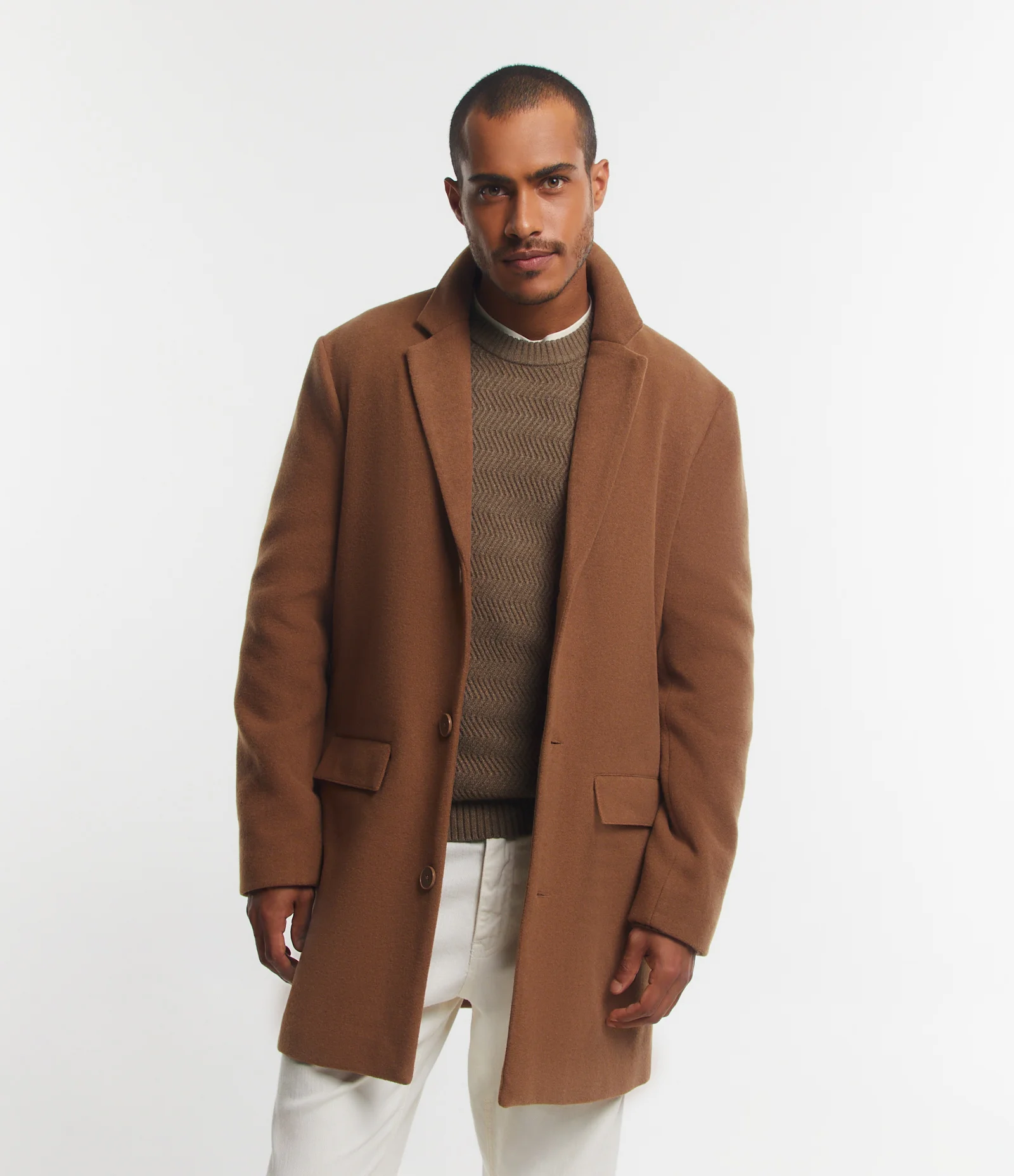 Casaco Alongado em Polivelour com Botões e Bolsos Marrom Claro 1