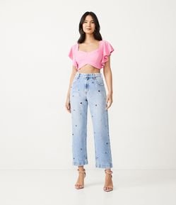 Calça Reta Jeans com Pedraria