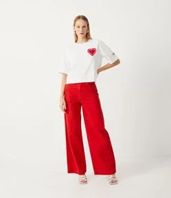 Calça Wide Leg em Sarja com Pedraria
