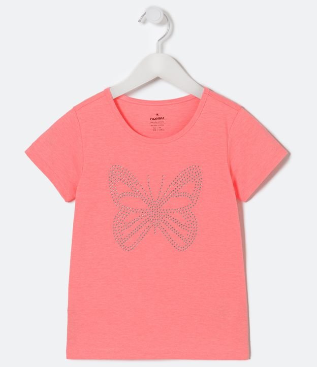 Remera Infantil Neón Estampado Mariposa con Brillo - Talle 5 a 14 años Rosado 1