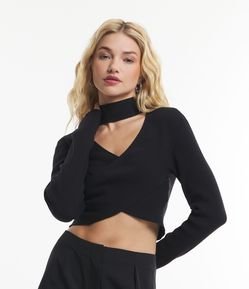 Blusa em Tricô com Recorte e Decote Cruzado