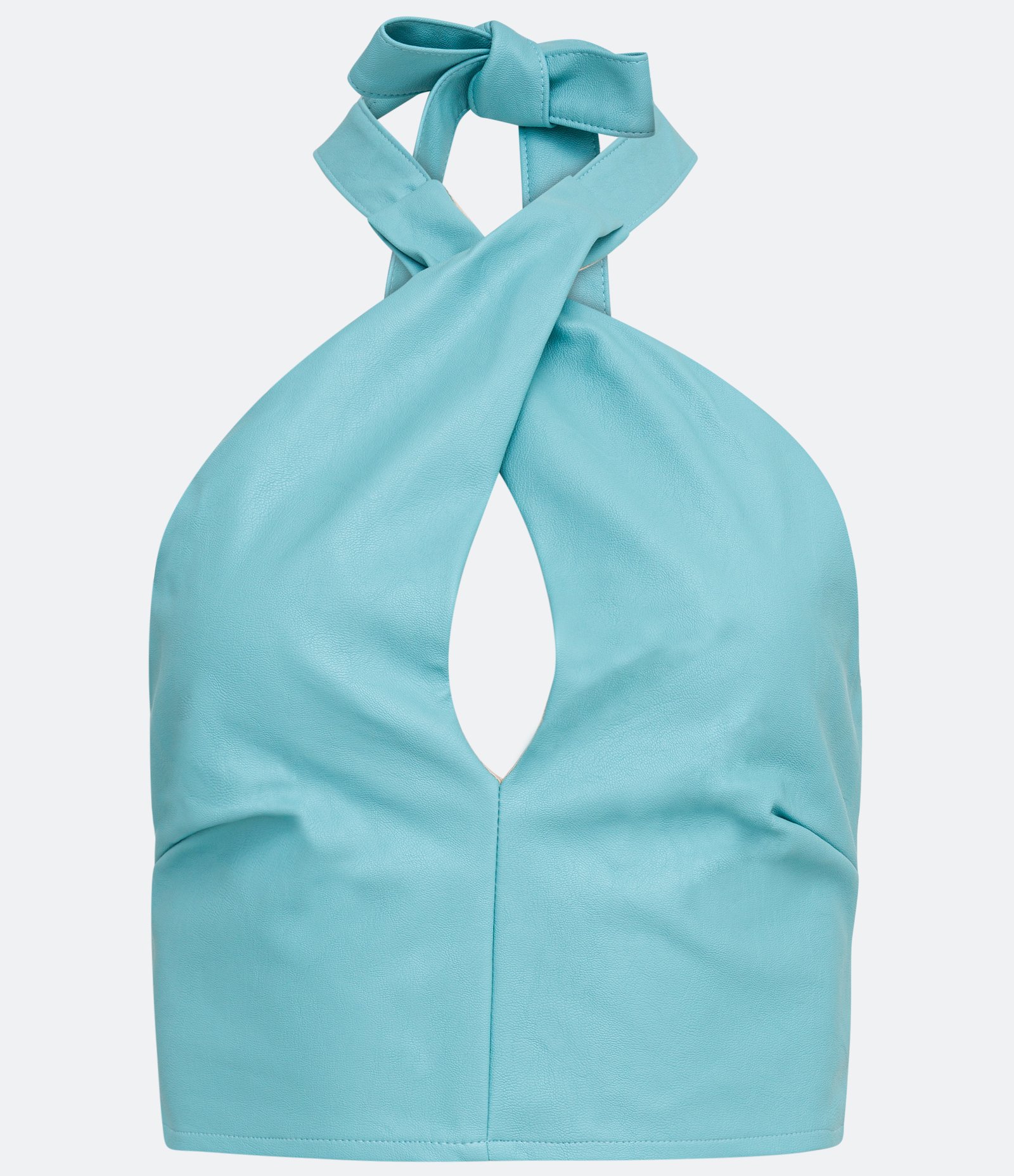 Blusa Cropped em Material Sintético com Decote Transpassado Azul 5
