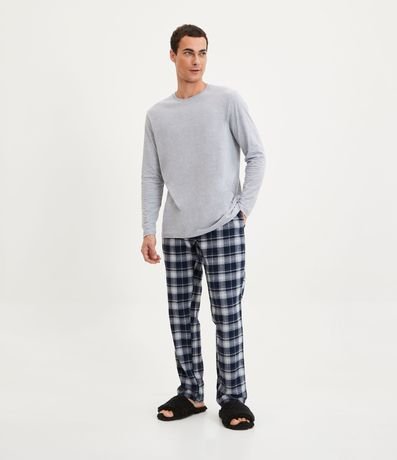 Conjunto de blusa e calça pijama Impressão xadrez Bolso remendado