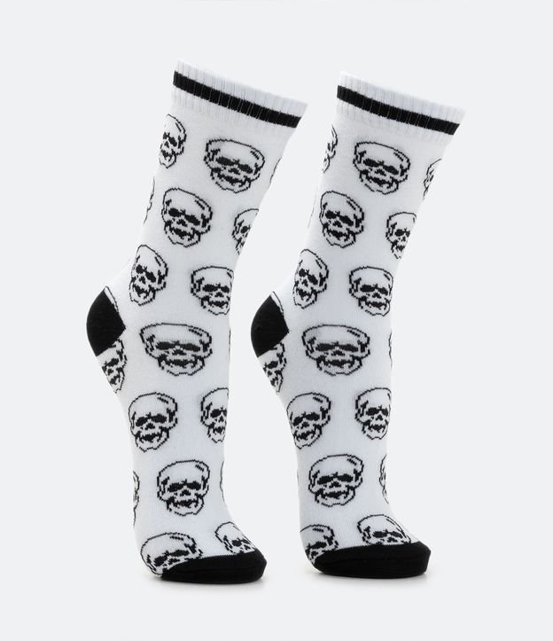 Media Caña Larga en Algodón con Estampado de Calaveras Blanco 2