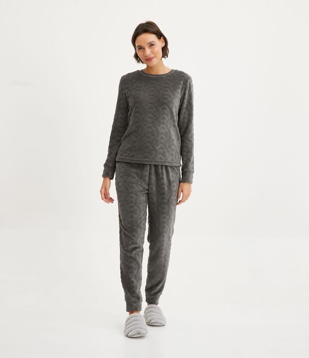 Pijama Largo en Fleece Texturizado Gris 1