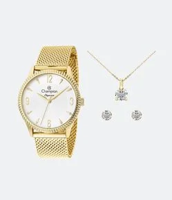 Kit Relógio Champion Analógico com Caixa e Pulseira em Metal CN26073E