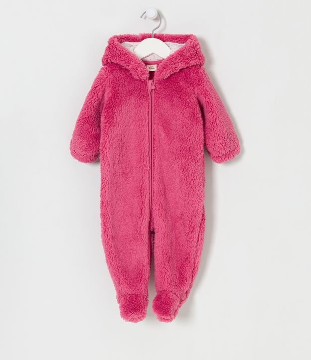 Macacão Infantil em Fleece com Capuz de Orelhinhas - Tam 0 a 18 meses - Cor: Rosa - Tamanho: 9-12M