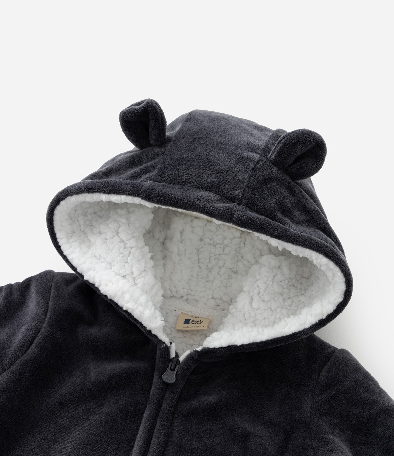 Macacão Infantil em Plush Forro Peludinho e Capuz com Orelhinhas - Tam RN a 18 meses Cinza 6