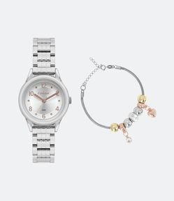 Kit Relógio Condor Analógico com Caixa e Pulseira em Aço