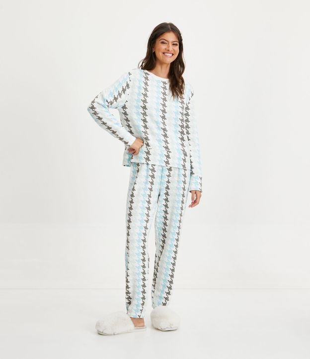 Pijama Longo em Viscolycra com Blusa Manga Curta e Calça Xadrez Pied-de- Poule, Shopping