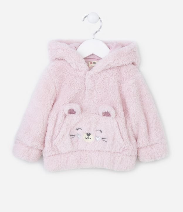 Blusão Infantil em Fleece com Bordado Carinha de Gato - Tam 0 a 18 meses