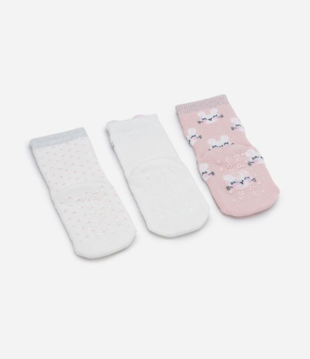 Kit 03 Pares de Medias Infantiles Estampadas de Lunares y Conejitos - Talle 0 a 18 meses Blanco Nieve 2