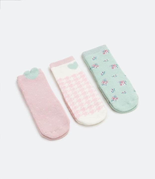 Kit 03 Pares de Meias Infantis Peluciadas com Estampa de Corações e Florzinhas - Tam 0 a 18 meses