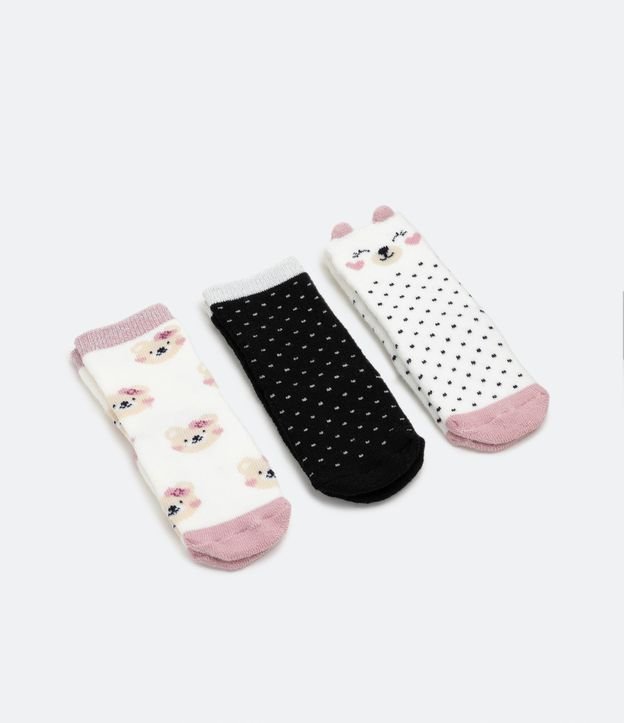 Kit 03 Pares de Meias Infantis Peluciadas com Estampa Poá e Ursinhas - Tam 0 a 18 meses
