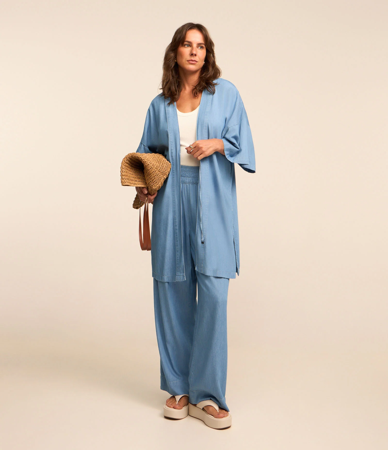 Kimono em Liocel com Detalhe Pespontado Azul 2