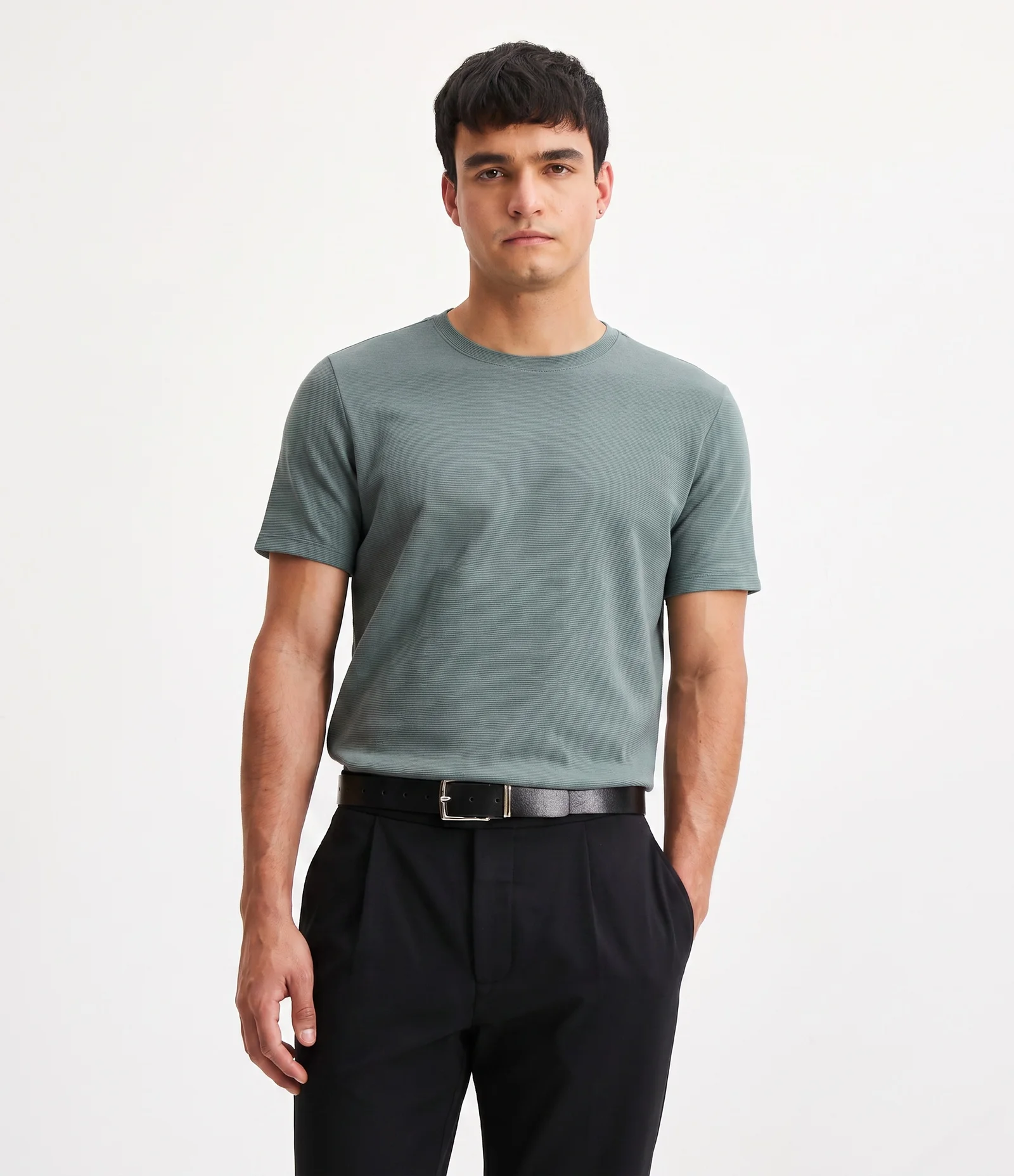 Camiseta Slim em Algodão Peruano com Textura Canelada Verde Médio 1
