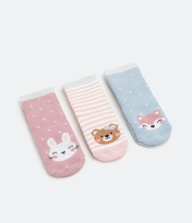 Kit 03 Pares de Meias Infantil Estampa Ursinho Raposa e Coelho - Tam 0 a 18 meses