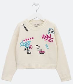 Blusão Cropped Infantil em Tricô com Bordados em Lettering Colorido - Tam 5 a 14 Anos