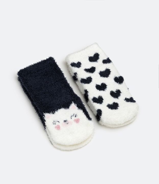 Kit 02 Pares de Meias Infantis em Chenille com Estampa Gatinho e Corações - Tam 0 a 18 meses