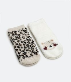 Kit 02 Pares de Meias Infantis em Chenile com Estampas Animal Print e Ursino - Tam 0 a 18 meses