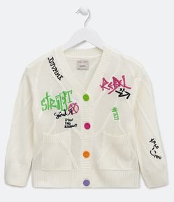 Cardigan Infantil em Tricô com Bordado de Lettering e Bolsos - Tam 5 a 14 Anos