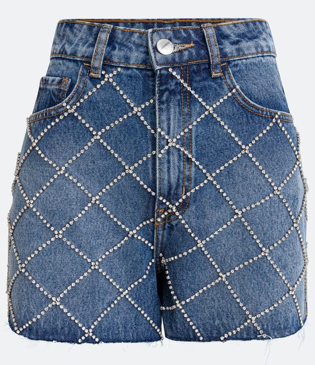Short Cintura Alta em Jeans com Pedrinhas de Strass em Xadrez Azul 5