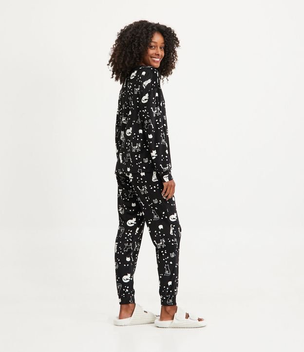 Pijama Largo en Plush con Estampado Gatitos Negro 2