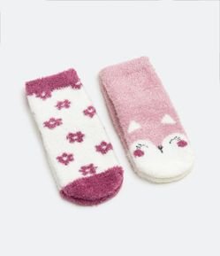 Kit 02 Pares de Meias Infantis em Chenille com Estampa Raposinha - Tam 0 A 18 meses