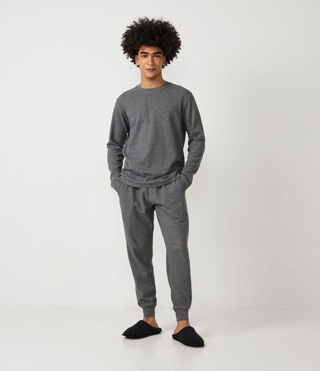 Pantalón de Pijama en Algodón Texturizado con Cintura Elástica Gris 1