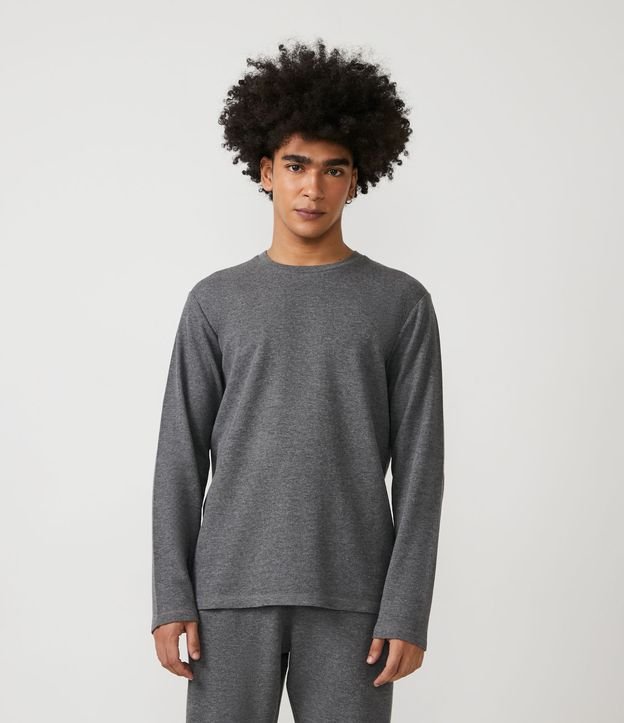 Camiseta de Pijama com Textura Waffle e Manga Longa