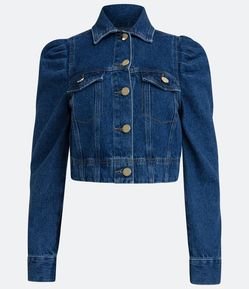 Jaqueta Jeans com Abotoamento Frontal e Manga Bufante