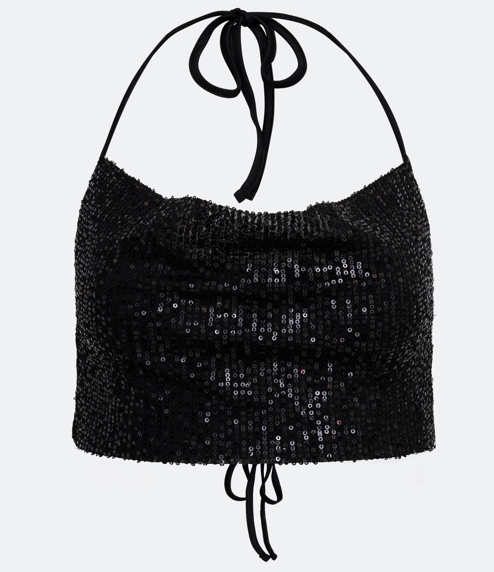 Blusa Cropped Sem Manga em Paetê com Amarração Preto 1