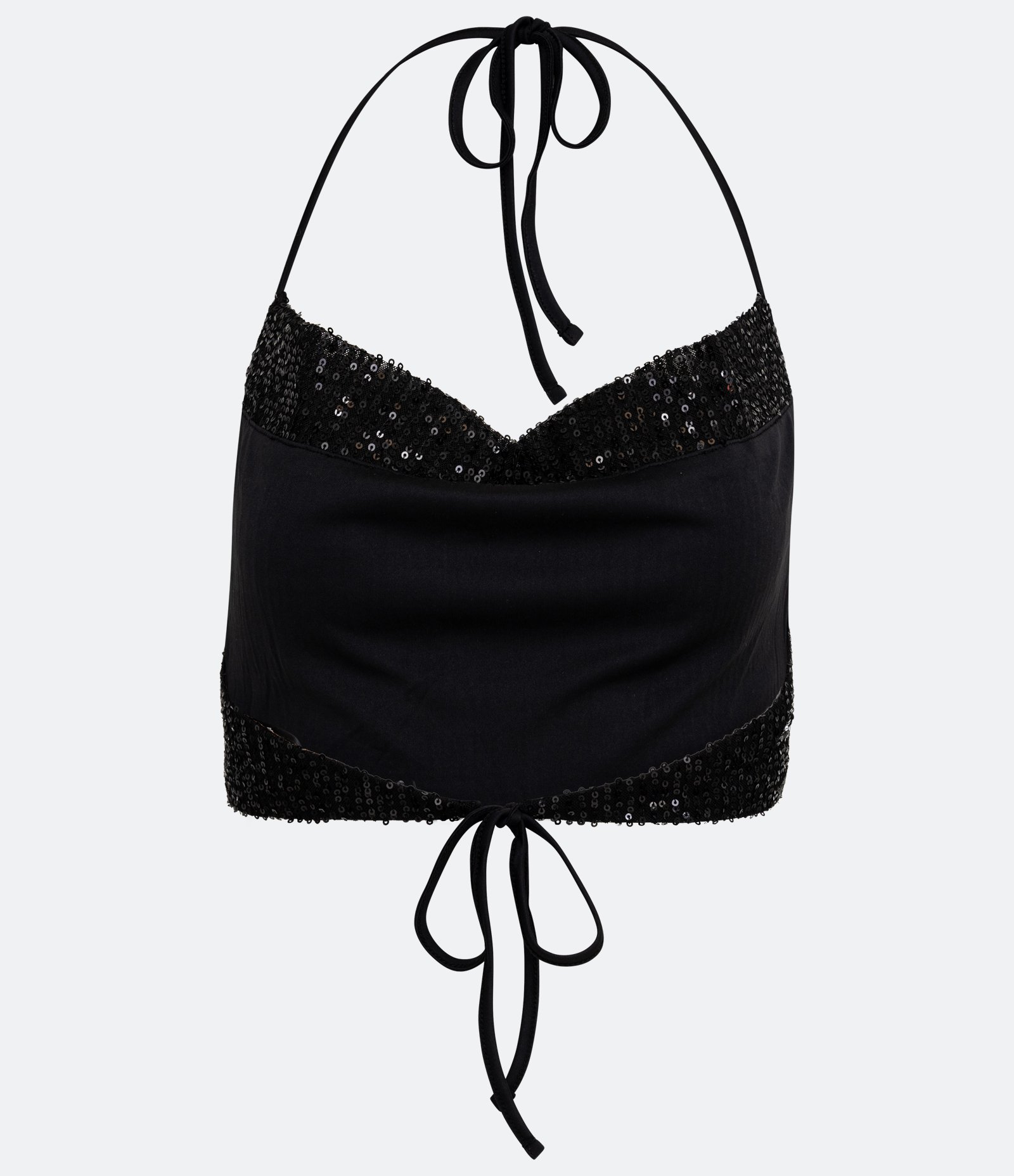 Blusa Cropped Sem Manga em Paetê com Amarração Preto 2