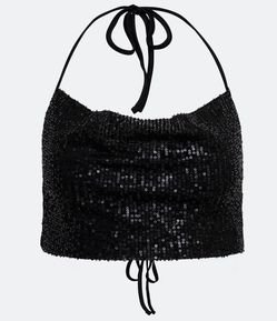 Blusa Cropped Sem Manga em Paetê com Amarração
