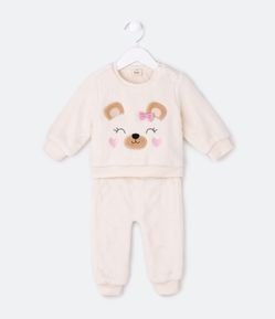 Conjunto Infantil em Fleece com Bordado Cara de Ursinha - Tam 0 a 18 meses