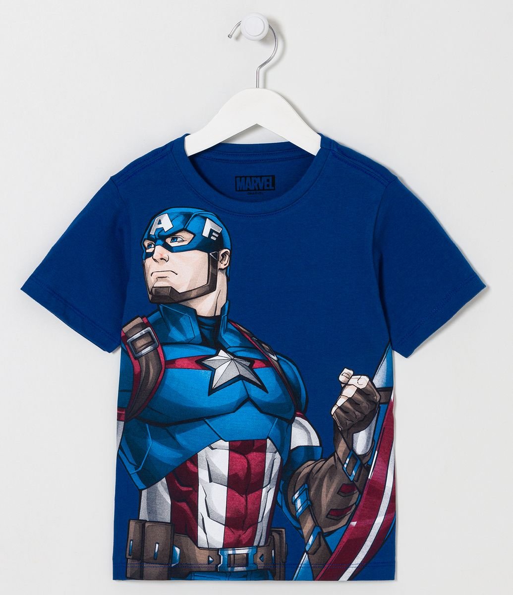 Camiseta Infantil Estampa Capitão América com Escudo - Tam 3 a 10 Anos Azul