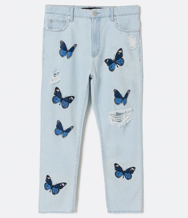 Pantalón Jeans Loose con Silks de Mariposas y Destroyed Azul 6