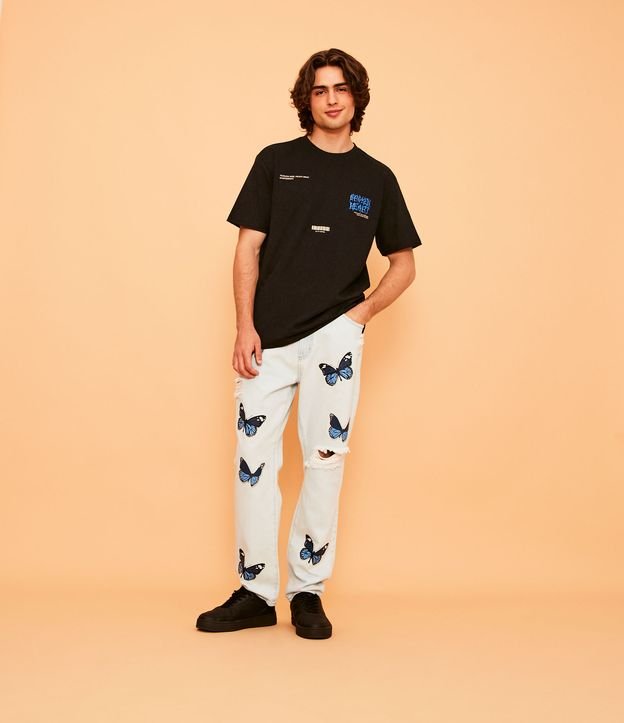 Pantalón Jeans Loose con Silks de Mariposas y Destroyed Azul 1