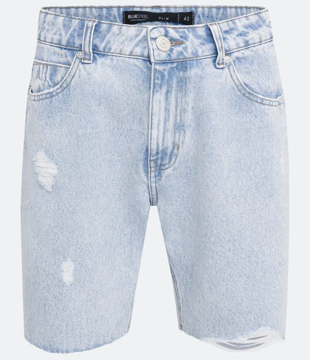 Bermuda Jeans Slim com Púidos e Detalhe na Barra Azul 2
